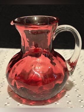 Vintage Hand Blown Small Cranberry Pink Glass Pitcher With Clear Glass Handle